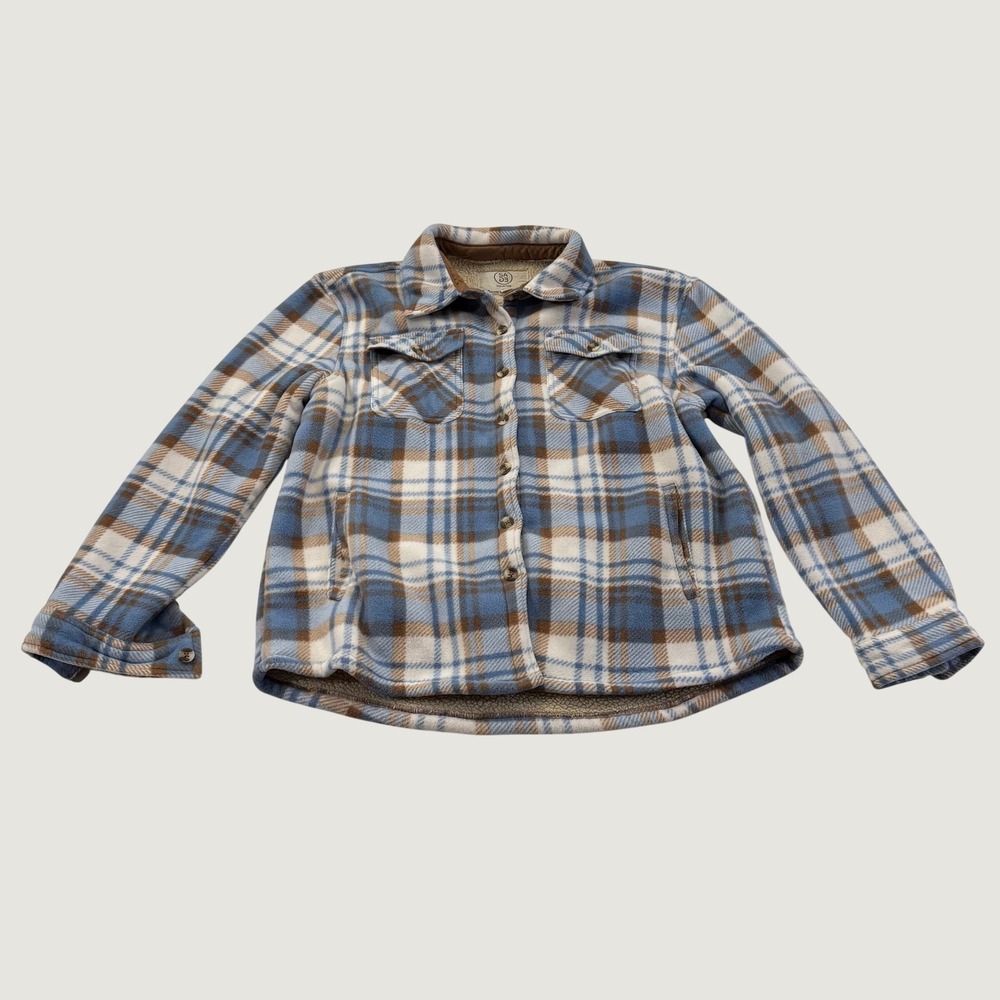 Sage Collective Shacket Womens Large Blue Brown Plaid Sherpa Lined Fleece Jacket